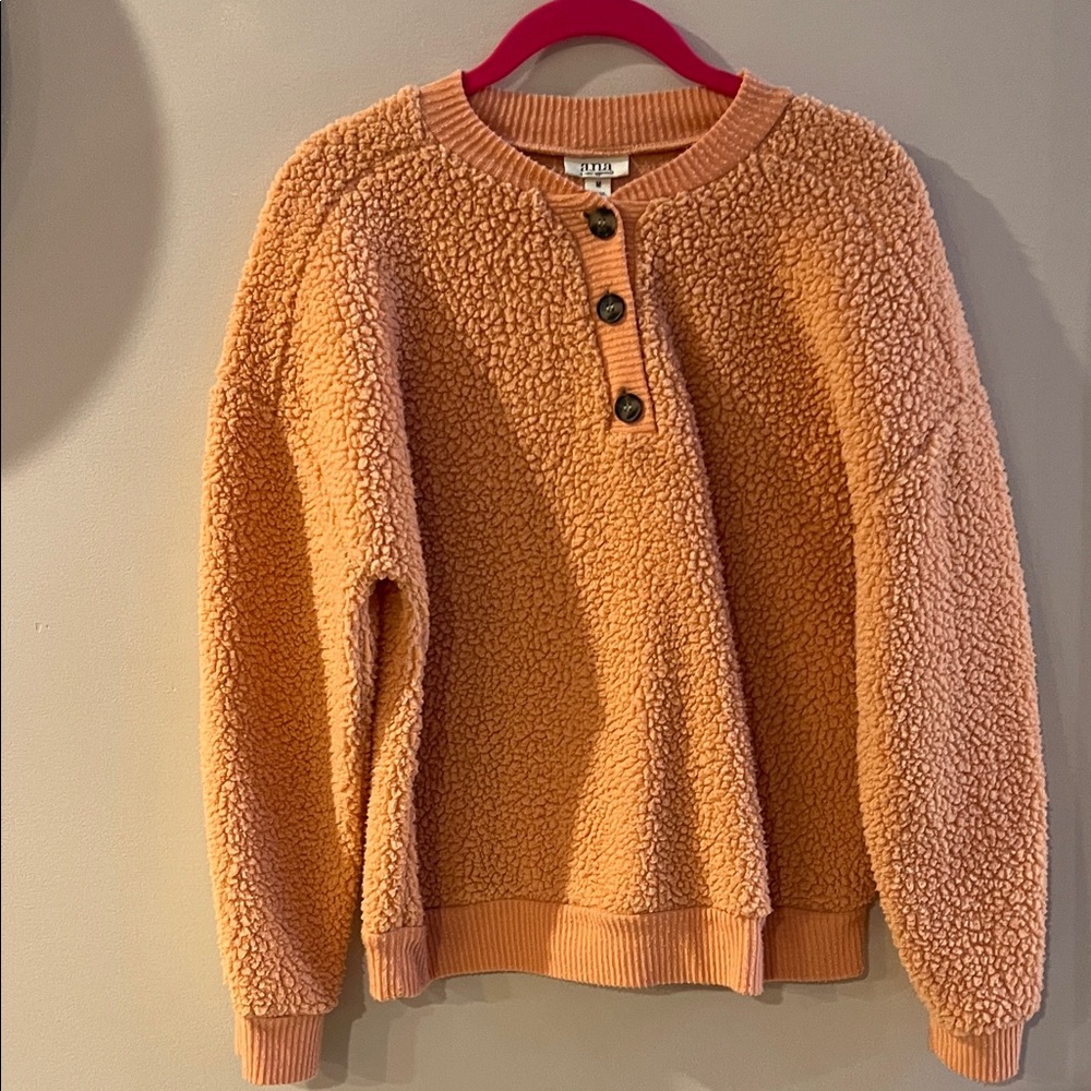 a.n.a Peach Sherpa Crew Neck Sweater with Brown Button Detail